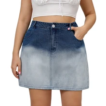 

Plus Size Summer Midi Skirt Gradient Color High Waist Aesthetic Denim Skirt Women Casual A Line Skirts Ladies Vacation Outfits