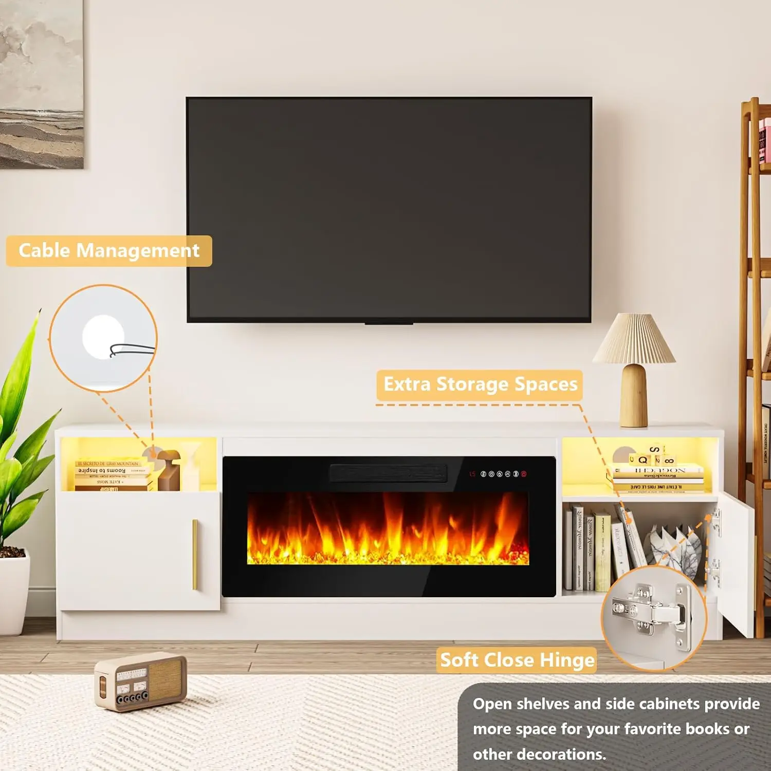 TV Stand Entertainment Center w/ 36" Fireplace,Media TV Console with High Gloss Storage Cabinet & 16 Colors LED Lights (White) 3