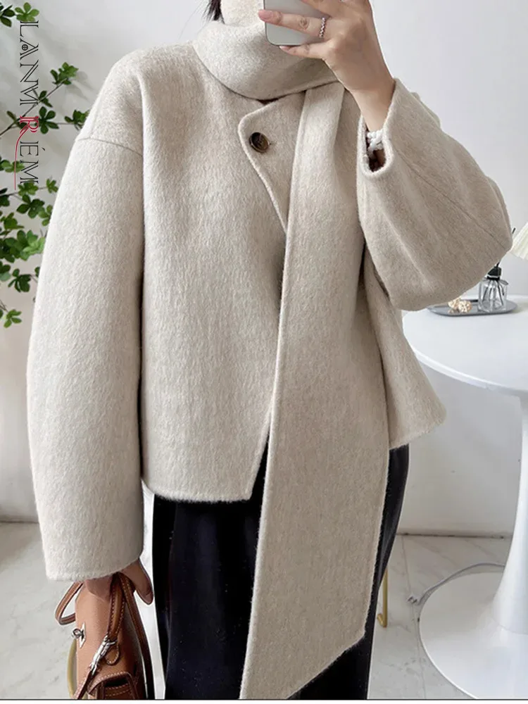 

LANMREM Scarf Collar Single Button Double Sided Alpaca Wool Coat Women Short Length Female Fashion Clothes Winter New 2DA2389