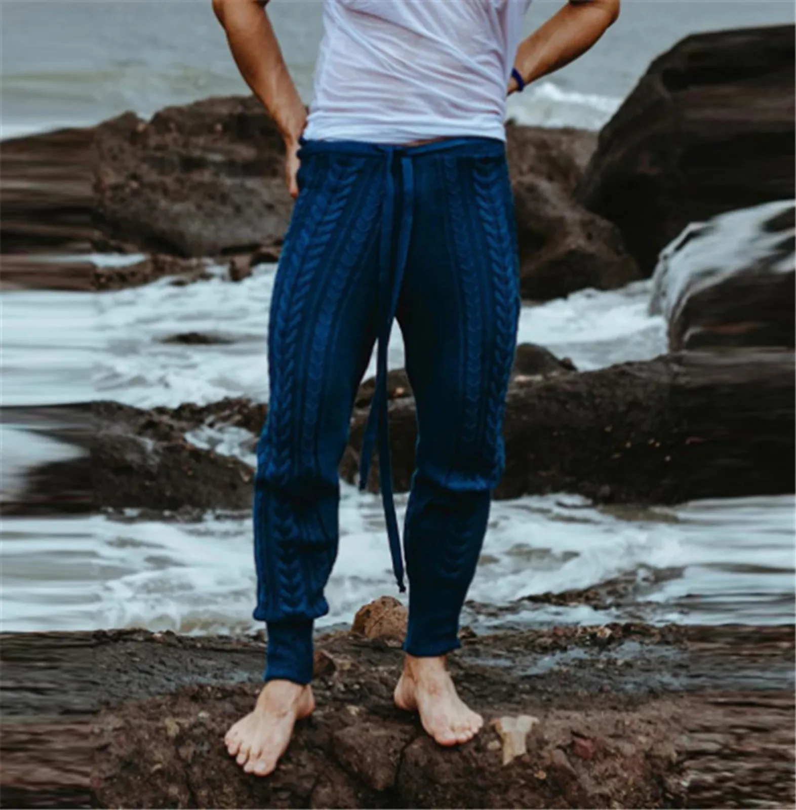 Men Pants Knitted Slim Ankle-Length Drawstring Solid Color