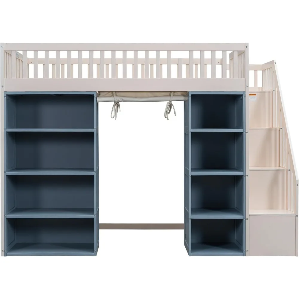 Full Size Loft Bed with Stairs and 2 Four-Layer Storage Cabinets and Curtain, for Kids Teens Adults (White+Blue)