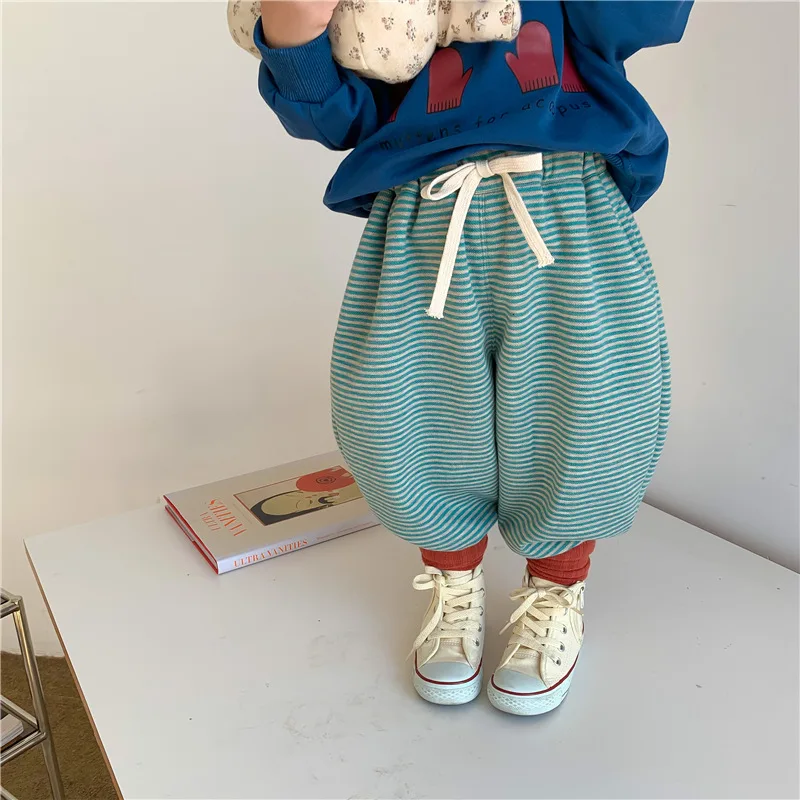

Children Striped Pants Boys and Girls 2023 New Spring Autumn Cotton Striped Bloomers Baby Knitted Stretch Sports Casual Pants