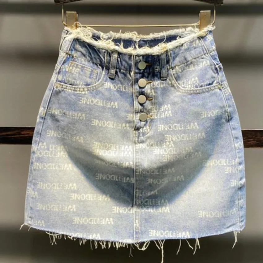 Summer 2023 Denim Letter Printed MIni Skirt Women New Fashion Single Breasted A-line