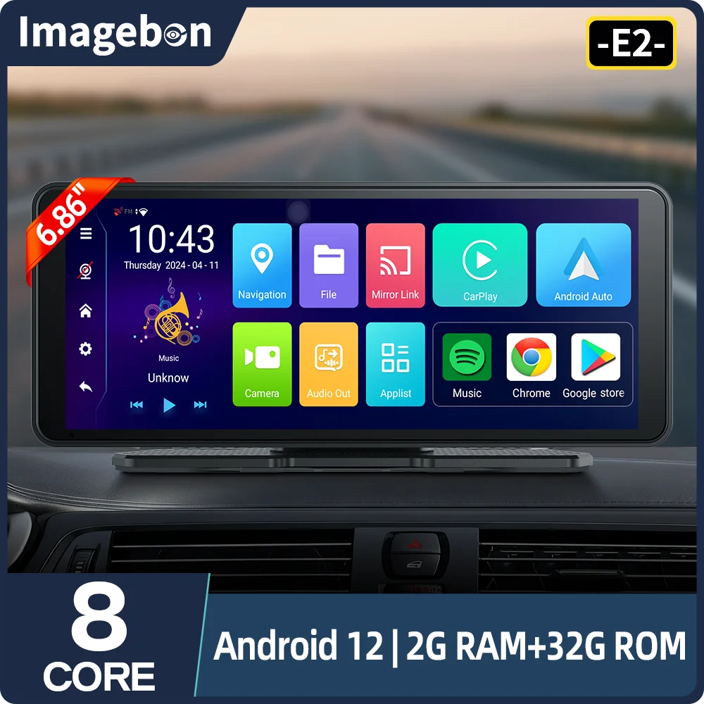 Imagebon 6.86'' E2 안드로이드 12 대시캠 무선 카플레이 안드로이드 오토 차량용 DVR 후방 카메라 와이파이 구글 ...