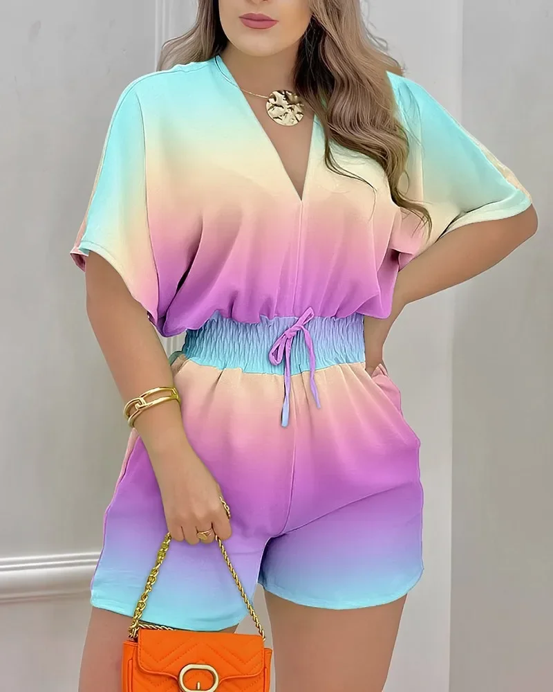 2024 Jumpsuit Women Summer Women Loose Casual Printing Jumpsuit Elegant Women Fashion V-neck Short Sleeve Waist Shorts Jumpsuit