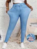 Plus Size High Waisted Skinny Jeans Faux Denim Printed Stretch Leggings Distressed Effect Women's Comfortable Fit Stretchy Pants