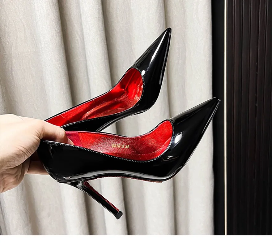 Water Diamond Red Sole Women's High Heels Wedding Shoes Women's Shallow Mouth Fine Heels Lacquer Leather Sexy Style Single Pumps