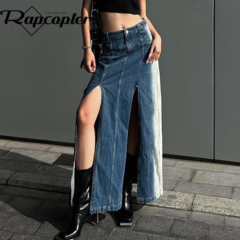 

Rapcopter Vintage Tie Dye Denim Skirts Women Korean Fashion Split Streetwear Long Skirts Women Fashion Chic Bottom Harajuku 90s