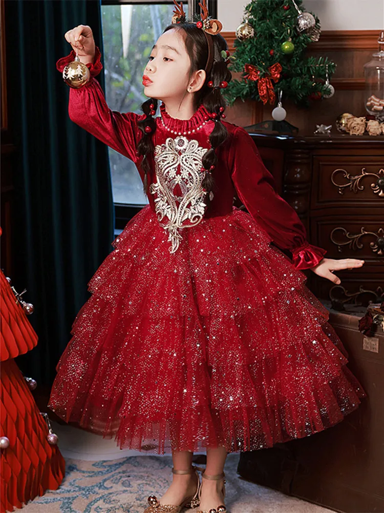 

2023 Teenmiro Chinese Red Party Dress for Junior Girls Kids Luxurious Sequins Tulle Tutu Dresses Children Elegant Ball Gowns