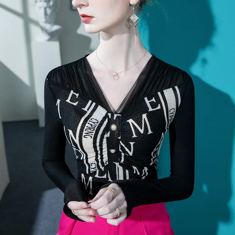 

High Quality 2024 Women Tops Splice Gauze Spring Summer T-shirt Female Print Clothing Sexy Crop Top Clothes Casual Blouse Y2k