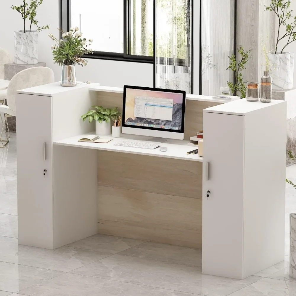 Rectangular Wood Reception Desk 2 Cabinet Brown French Lake House Urban MDF Finish Shelves