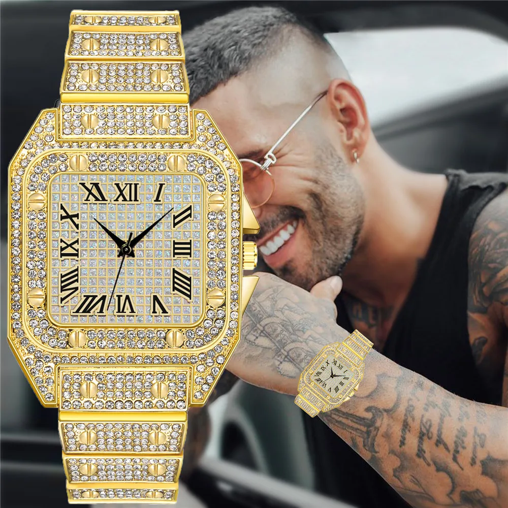 

New Hip Hop Iced Out Men Watch Luxury Diamond Square Roman Dial Quartz Wrist Watches Steel Clock Relogio Masculino Drop Shipping