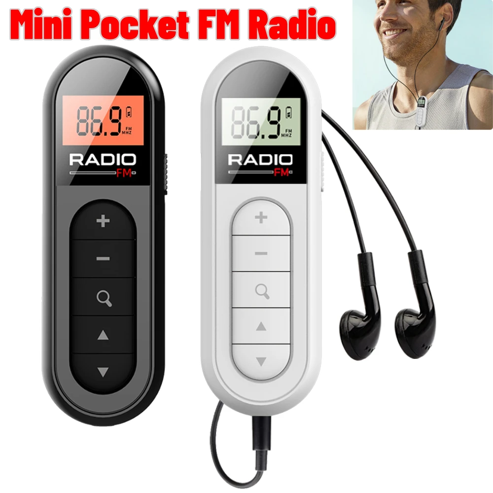 Mini Pocket FM Radio Receiver LCD Display 76-108MHZ Portable Walkman 3.5mm Headphone Lavalier for Meeting