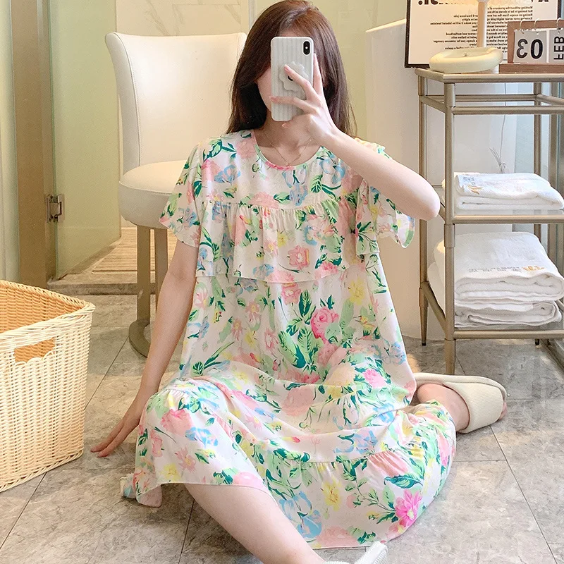 Thin Cotton Silk Nightgown Round Neck Pajamas Loose Home Clothes Print Sleepwear Short Sleeve Dress in Summer Women's Clothing