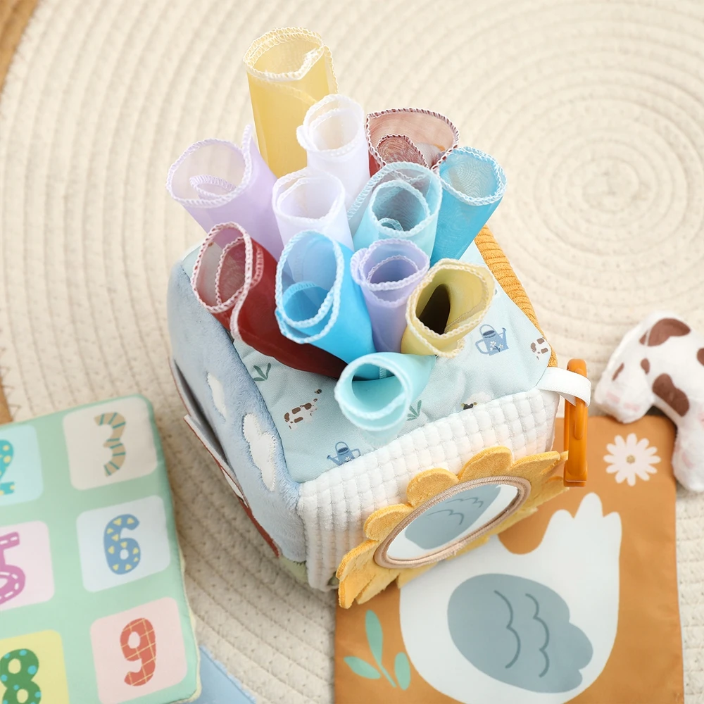 Weicher Stoff-Aktivitätswürfel für Babys, Sensorisches Plüschspielzeug mit Beißring, Spiegel, Knisterpapier & Strukturierten Paneelen, Bauernhof-Tier Lernspielzeug – Detail 5