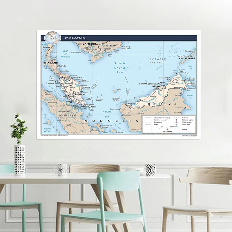 225*150cm The Malaysia Administrative Map In English Non-woven Canvas Painting Wall Unframed Poster and Print Home Decoration