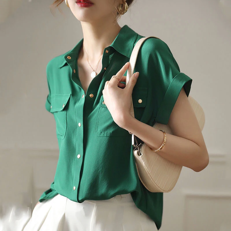 Summer Fashion Elegant Short Sleeve Women's Shirt Pocket Lady Simple All-match Buttons Casual Fashion Chiffon Blouse Solid Tops