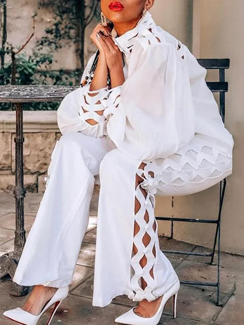 

Sexy Hollow Out Two Piece Pants Sets Women Autumn Clothing Stand Collar Lantern Sleeve Shirt Pants Suits Casual 2 Pieces Outfits