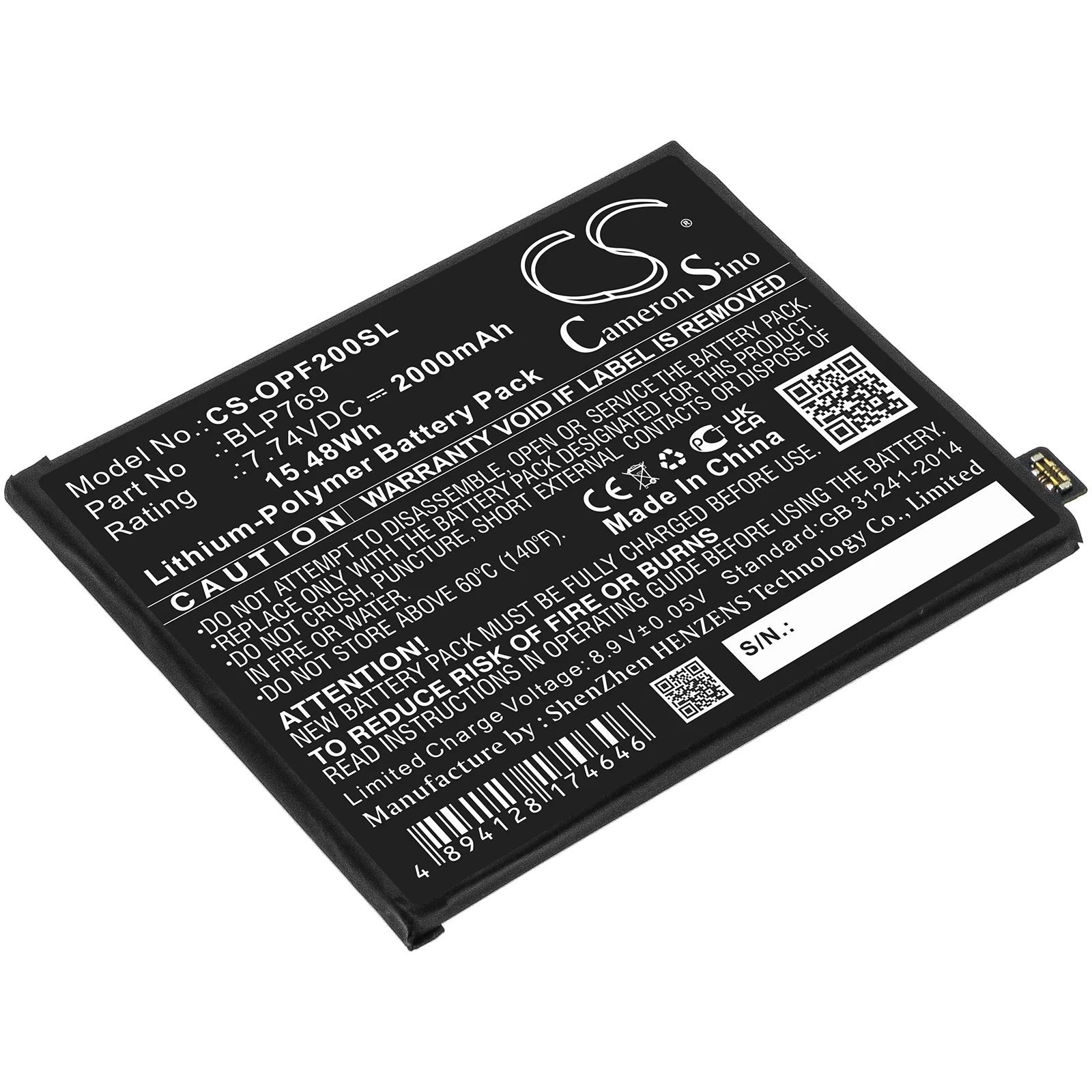 

CS Mobile SmartPhone Battery for OPPO Find X2 PDEM10 Fits BLP769 2000mAh/15.48Wh Li-Polymer 7.74V CS-OPF200SL