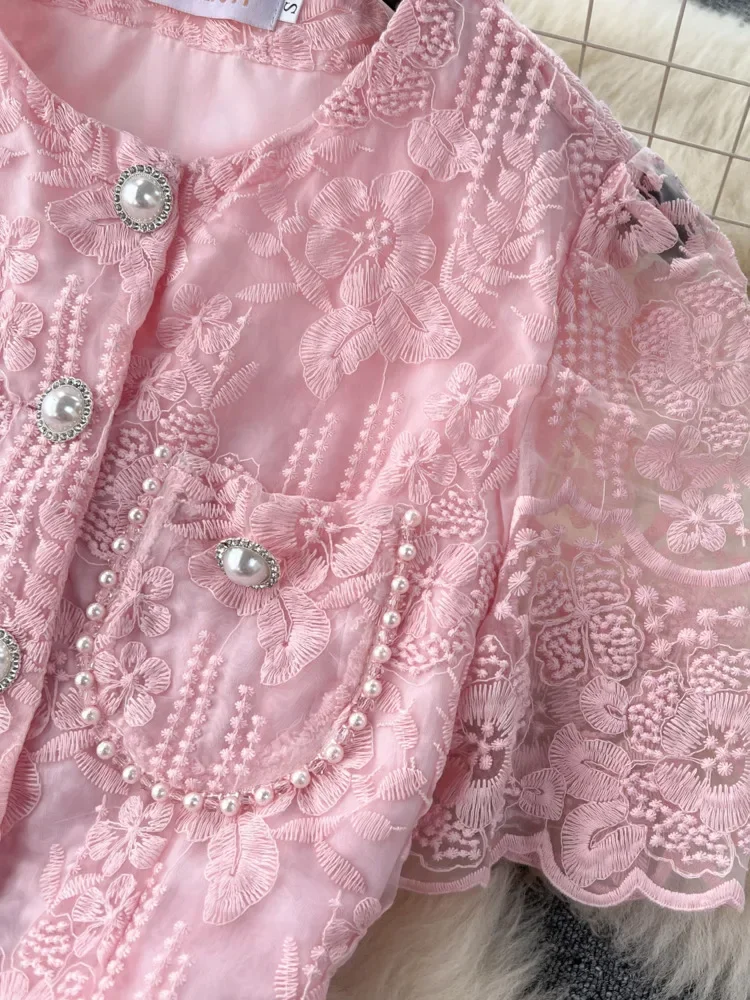 Women Elegant Pink Beige Lace Two Piece Sets Fashion Single Breasted Top High Waist Slim A-line Mesh Skirts Vintage Office Suits