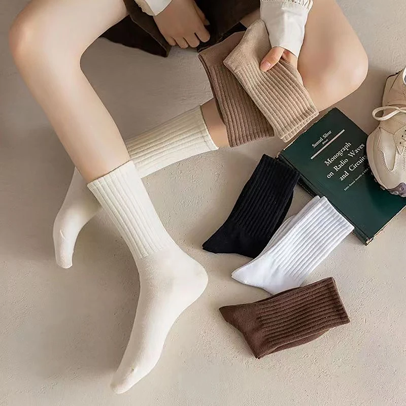 Outdoor Sports Socks Pile Up Socks Solid Color Women Fashion Khaki Brown White Kawaii Cotton For Girls Korea women hiking socks