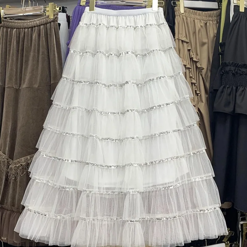 

Fashion Sweet Sequin Tulle Pleated Black Long Cake Skirts for 2023 Women High Waist Patchwork A Line Fairy Skirt Korean Style