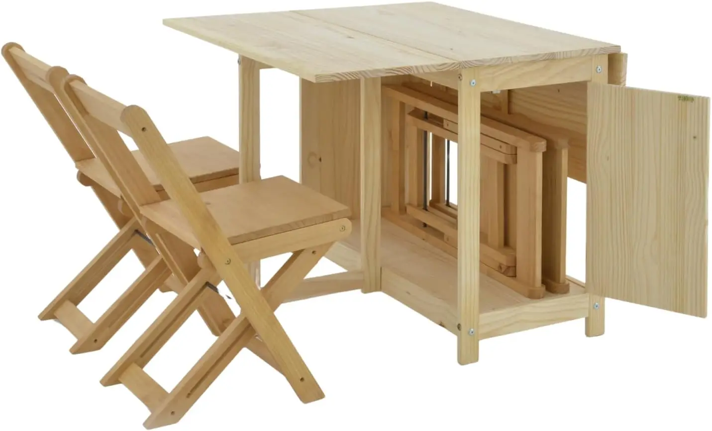 Solid, Natural, Unfinished Wood Folding Dining Table &Chair Set - Drop Leaf Design - Space-Saving Kitchen Table Set with Storage