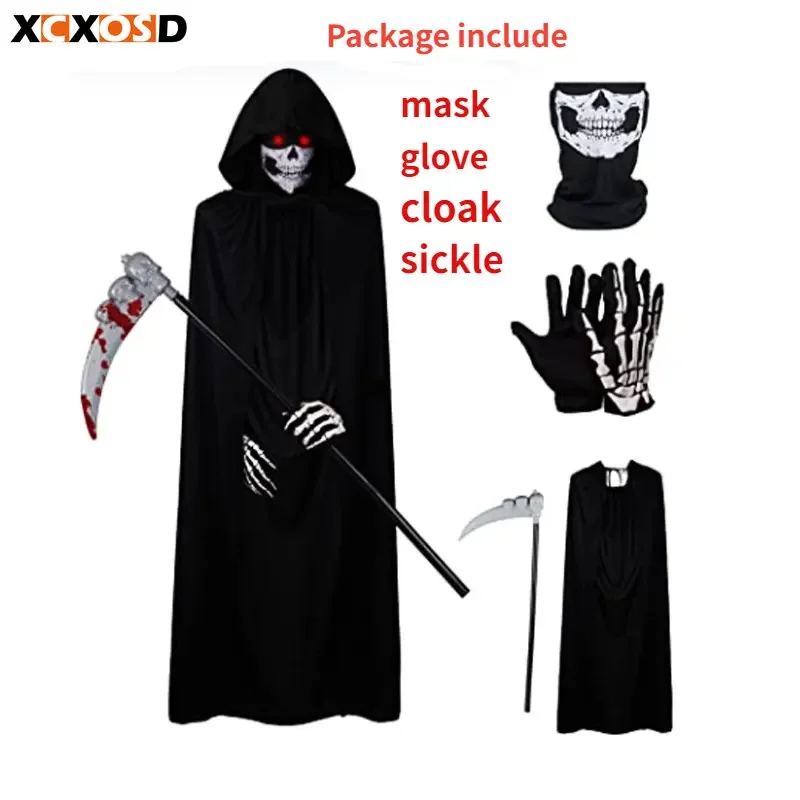 XCXOSD Halloween Party Suit Adult Death Black Single-layer Ghost Cloak Costume Props Mask Gloves Sickle Decoration