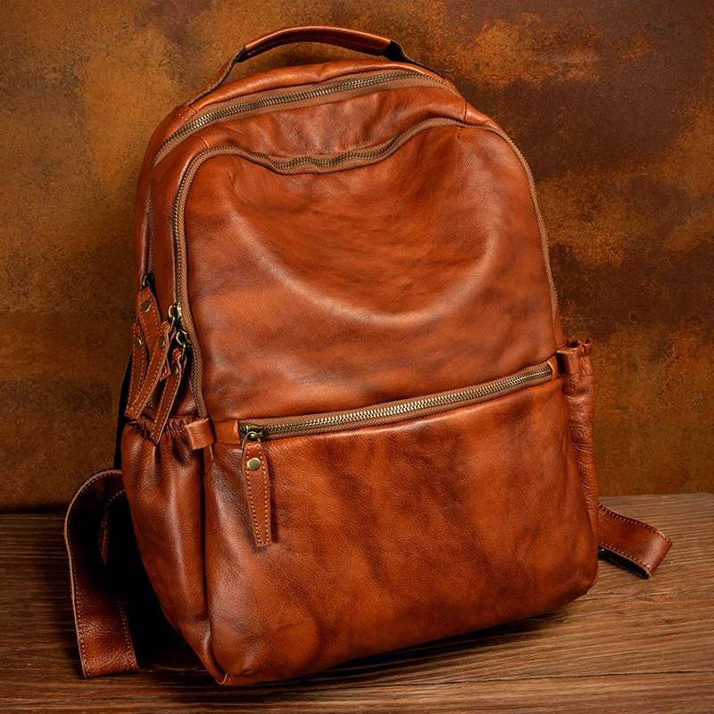 New Retro Genuine Leather Men's Backpack Casual Laptop Bag Vegetable Tanning Leather Travel Backpacks Men Schoolbag