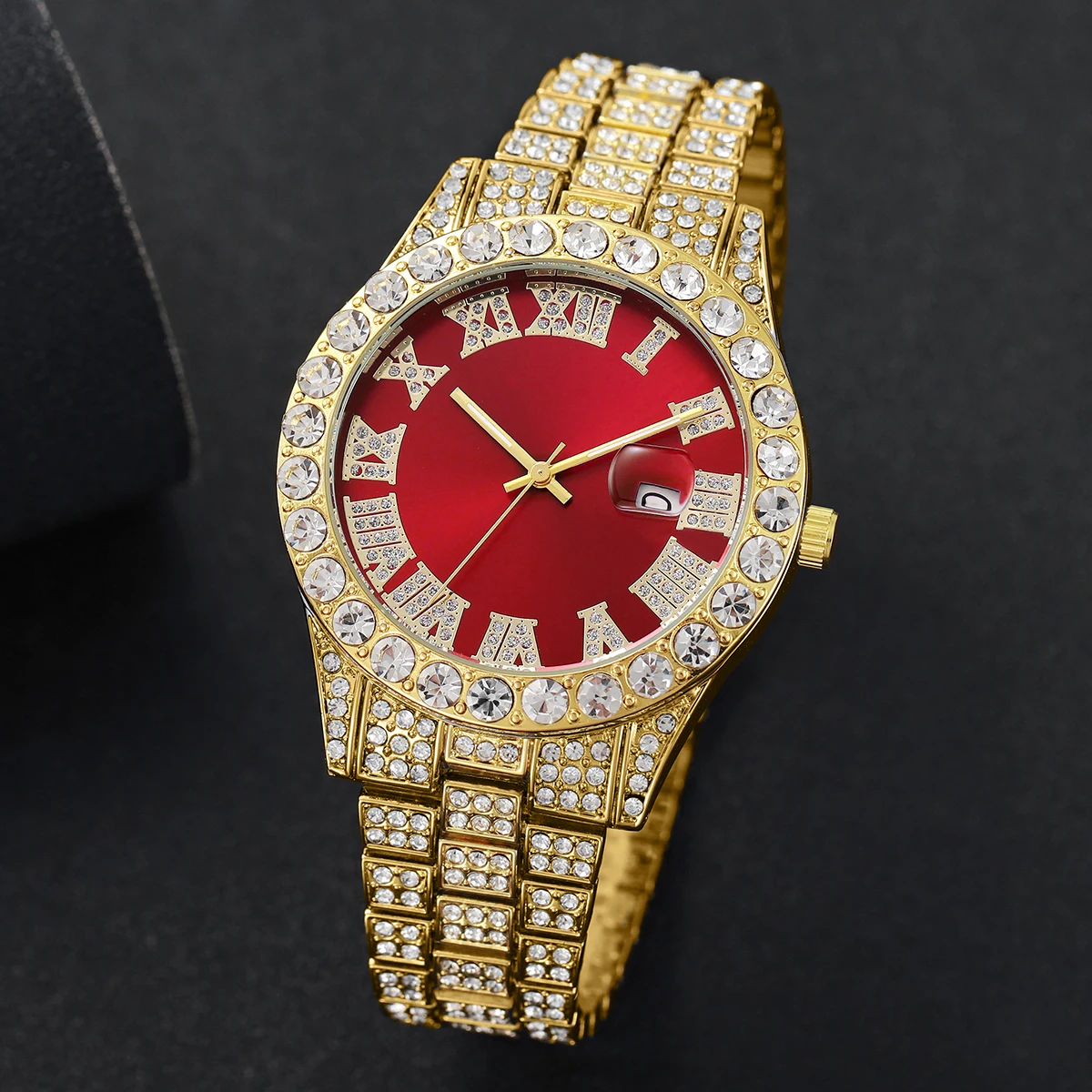 2PCs/Set Fashion Men's Watch Hip Hop Diamond Set Steel Strip Quartz Watch with Luxury Bracelet Set