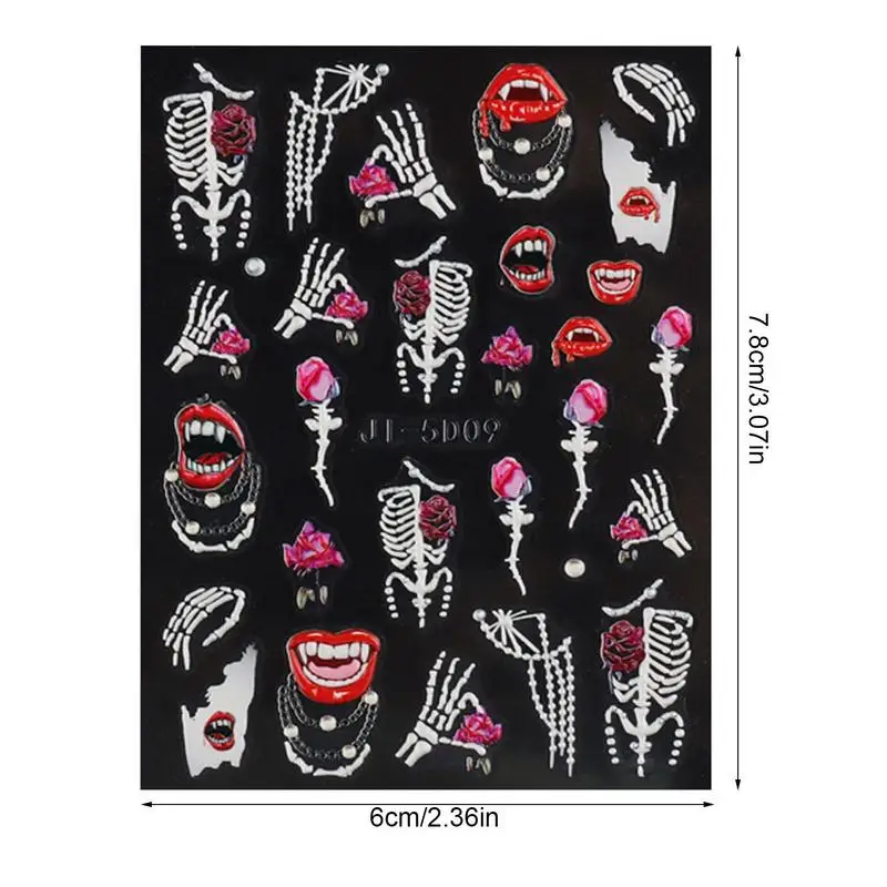 Halloween Nail Stickers 5D Skeleton Ghost Pattern Nail Decals Self-Adhesive Creepy Cosplay DIY Nail Art Decorations For Women 6