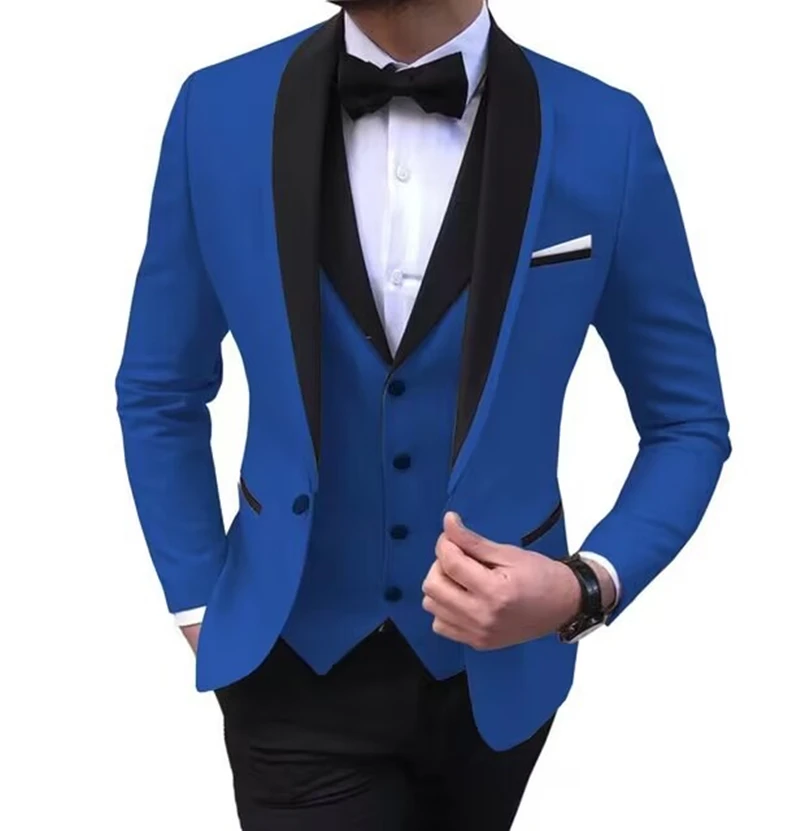 Solid Men's 3 Pieces Wedding Suit One Button Shawl Lapel Jacket Vest Pants Dinner Groom Tuxedos Slim Fit Formal Business Suits