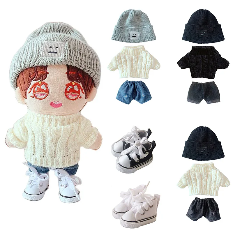 

Doll Clothes Suit 20cm Plush Doll Clothes Hat + Sweater + Shorts 3-Piece Set Doll Dressup Square Face Hat Denim Shorts White Swe