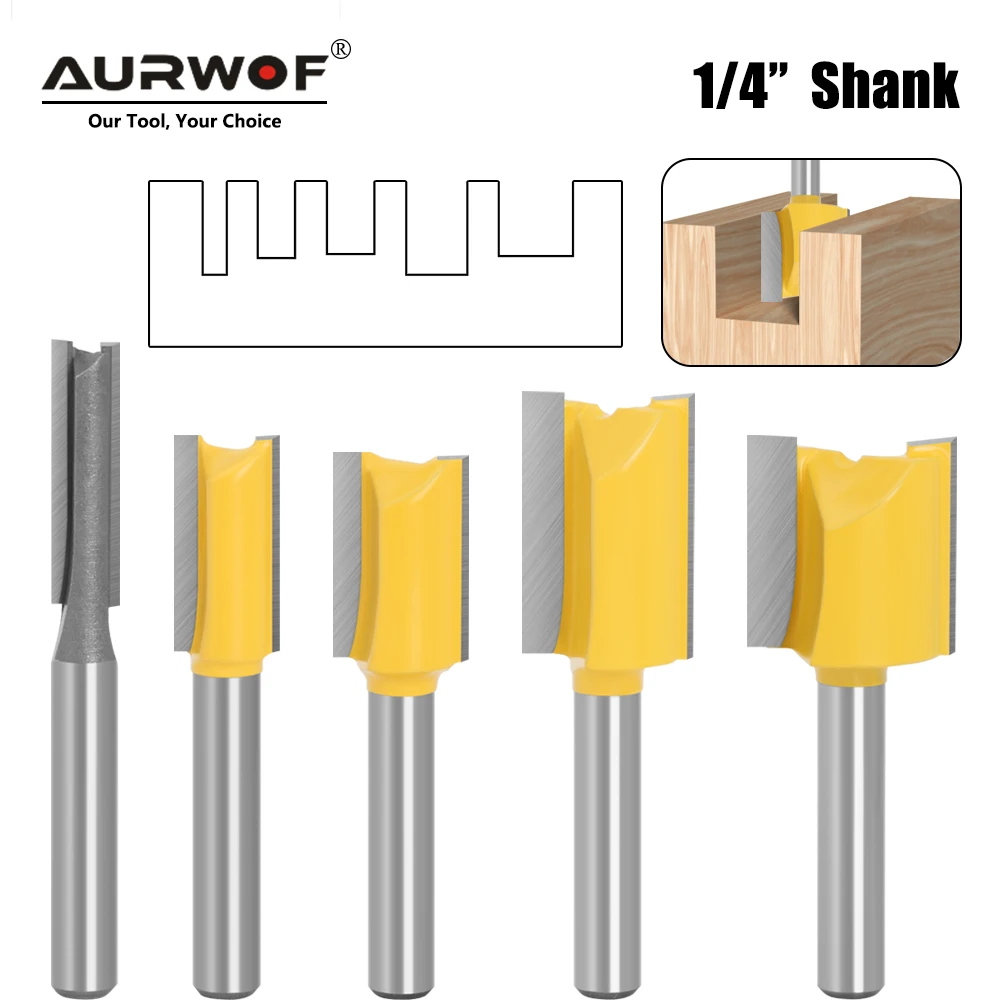 AURWOF 5-teiliges Fräser-Set mit 1/4-Zoll-Schaft, Hartmetallbestückter Holzbearbeitungsfräser zum Nuten, Trimmen und Schlitzen