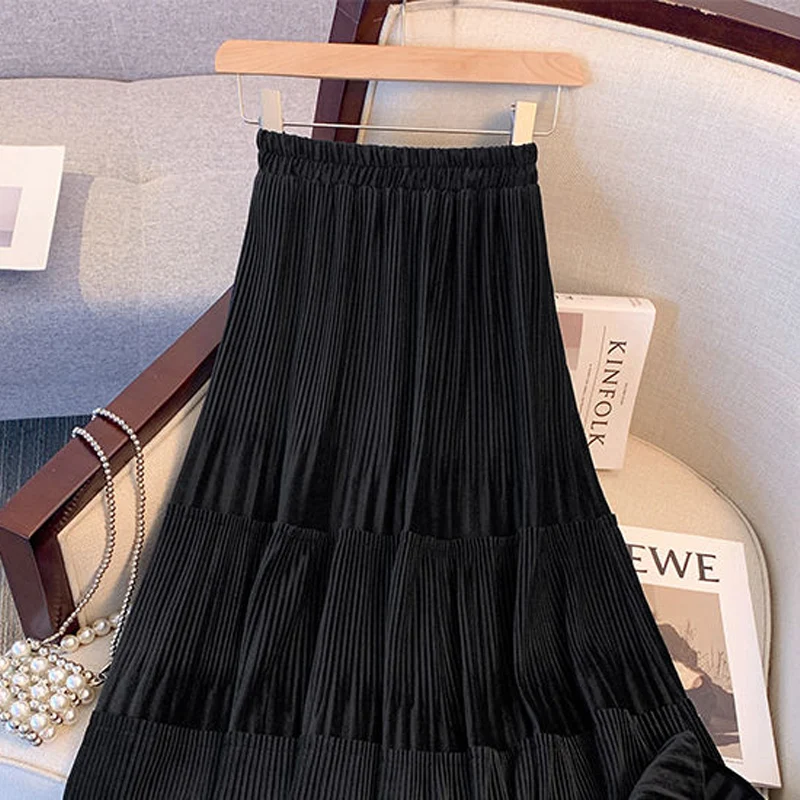Autumn Winter Solid Color Fashion Elastic Waist A-line Skirt Women High Street Casual Pleated Elegant All-match Female Clothing