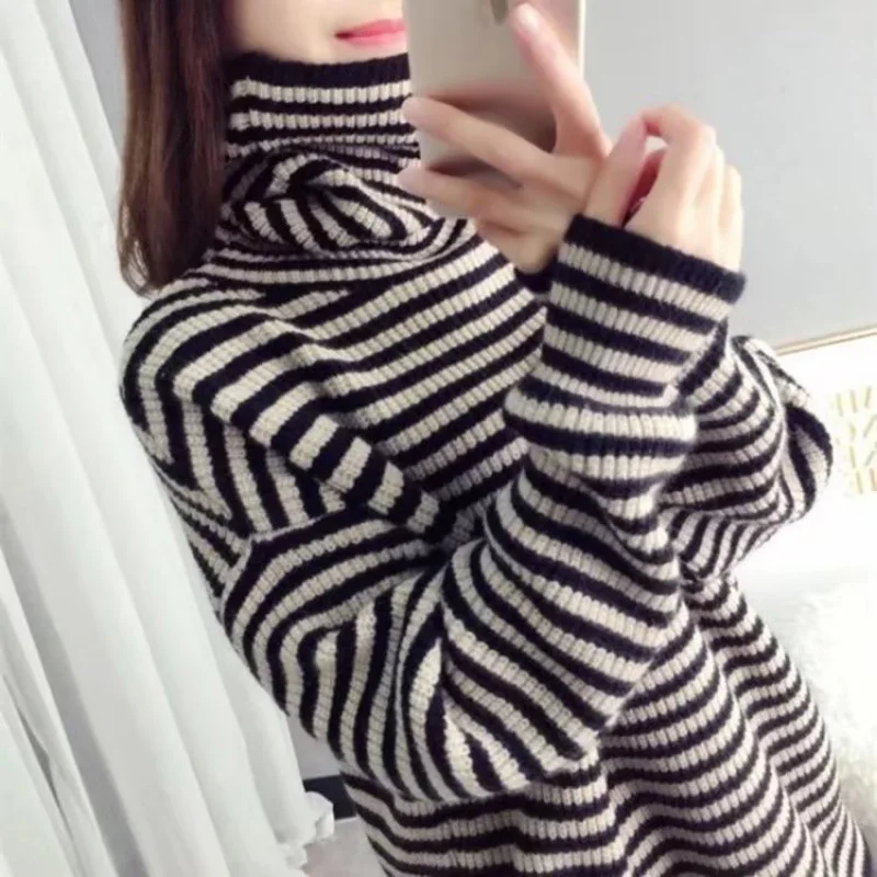 

Autumn and winter large size women's high-neck striped sweater women's loose and lazy style plus velvet thick top