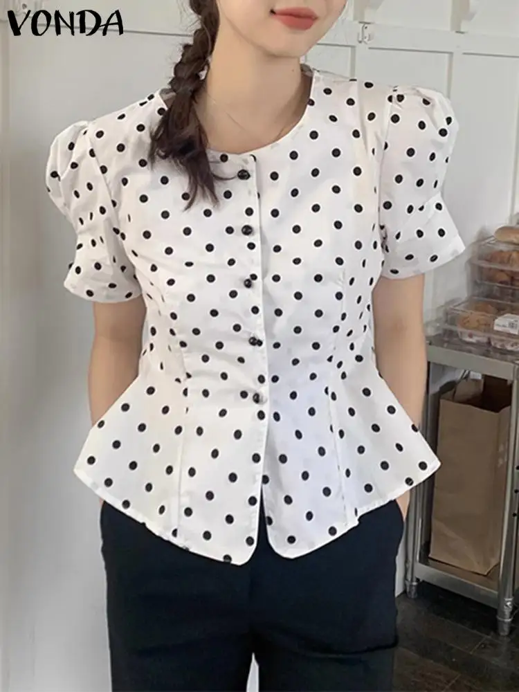 

VONDA Elegant Women Polka Dot Printed Blouse Short Puff Sleeve Tops Tunic 2023 Summer Casual O-Neck Party Shirts Blusas Femme