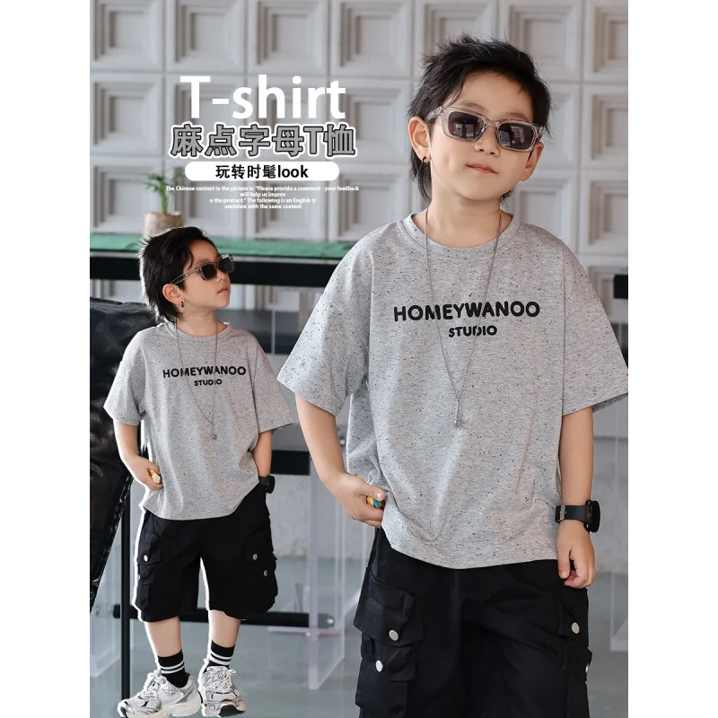 

Summer Boys' Short SleeveTT-shirt Children's Letter T-shirt Summer Wear2024New Medium and Large Children's Casual Gray TopAis