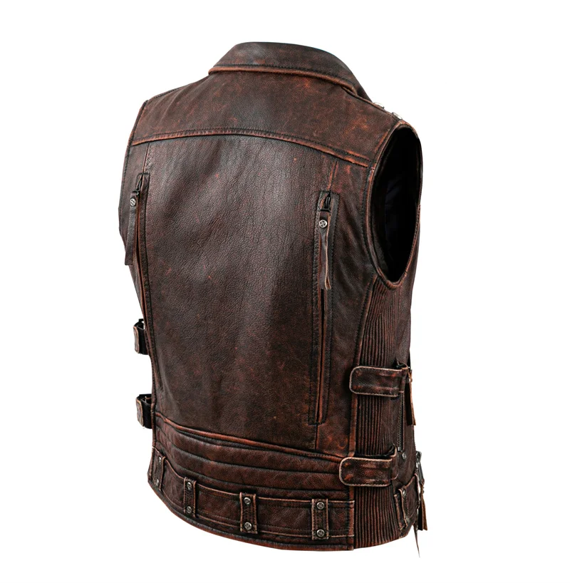 Motorcycle Vests Men Natural Cowhide Genuine Leather Jacket Sleeveless Riding Vest Vintage Brown