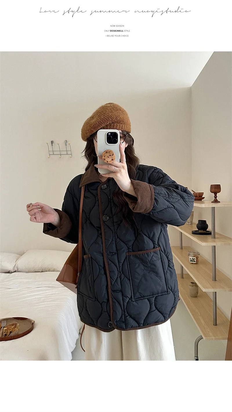 Short Down Cotton Jacket Women 2025 New Contrasting Color Lapel Diamond Grid Lightweight Loose Cotton Clothes Female Outerwear