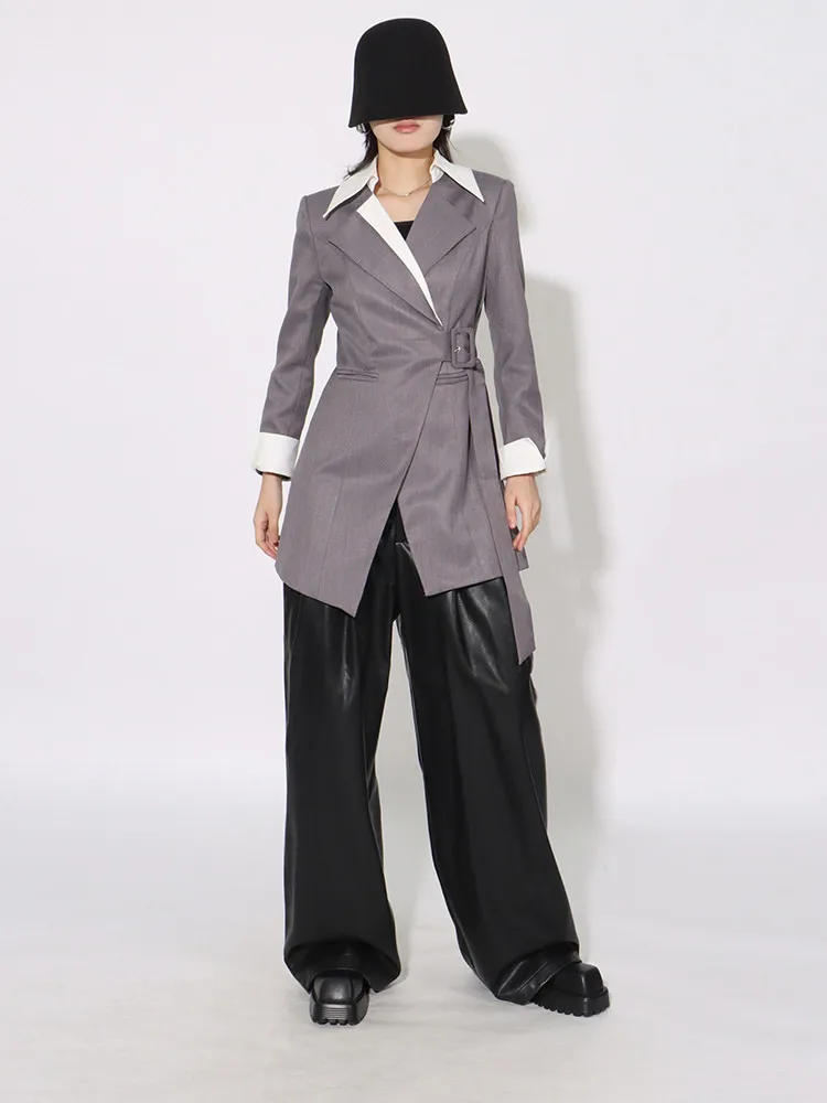 BPN Casual Hit Color Blazers For Women Notched Collar Long Sleeve Patchwork Belts Temperament Blazer Female Fashion Clothing New