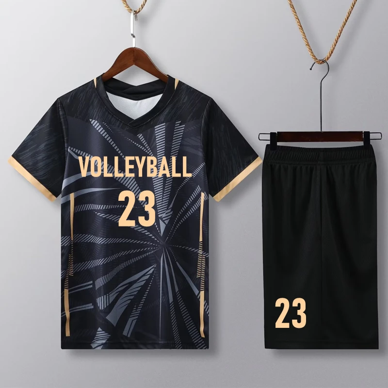 Short Sleeve Volleyball Jersey Set Men Volleyball Uniform V-neck Shirt Double Pockets Shorts Kit Training Suit Custom