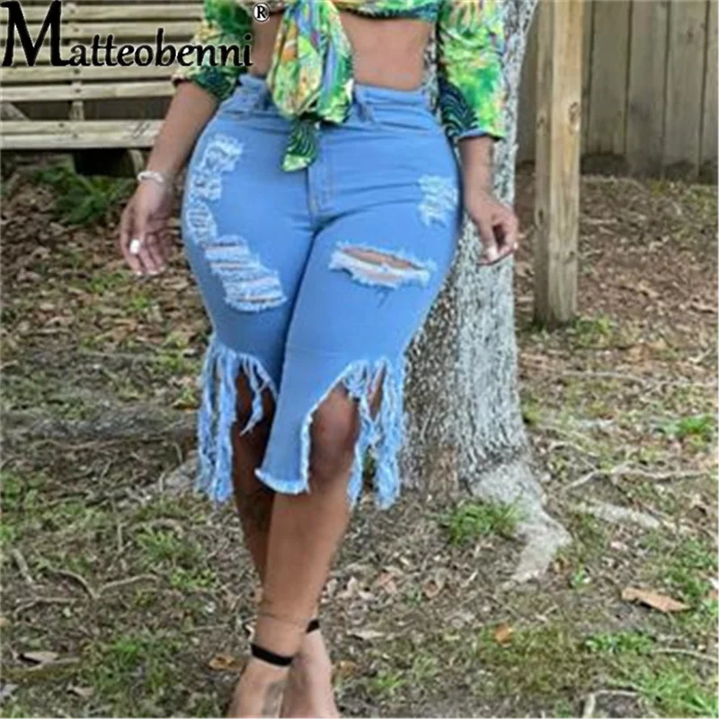 Loose Straight Knee length Hole Ripped Denim Shorts | High waisted shorts  denim, Ripped denim shorts, Knee length denim shorts