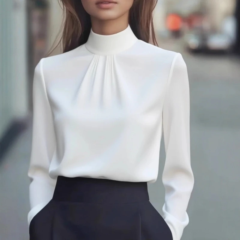 New Spring and Autumn Fashion Women's Semi-turtleneck Solid Color Long-sleeved Shirt Slim-fit Satin Blouse Office Wear Woman