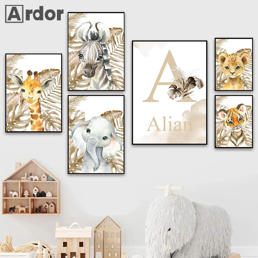 

Palm Leaves Jungle Animals Nursery Poster Custom Name Wall Art Prints Lion Painting Pictures Nordic Posters Boy Room Decoration