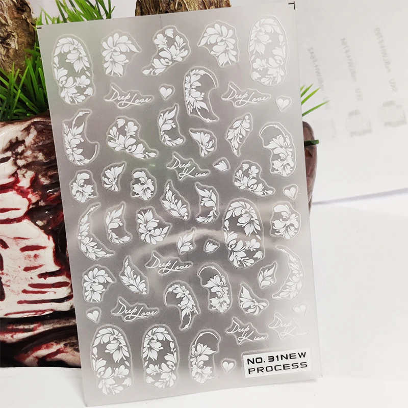 

3D Nail Stickers White Leaf Flowers Grass Love Tough Design Manicure Sticker Glue Decals Transfer Sliders Nail Art Decoration