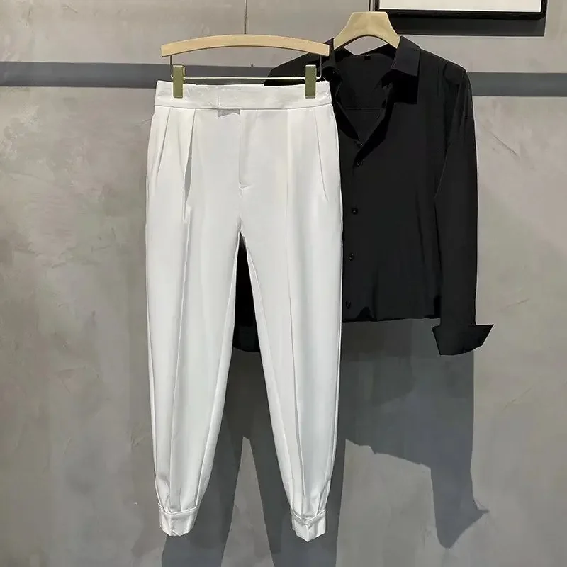 thumbnail image 1 of Pantalones de traje de sastrería social recortados para hombre, de negocios, de seda de hielo, elásticos, de verano, rectos y holgados, 1 of 4