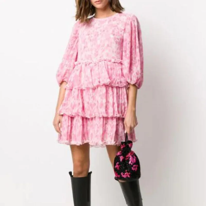 

Women's Round Neck Floral Print Mini Dress 2023 Summer French Ruffled Pleated Pearl Gauze Dress Loose Fashion Sweet Short Robe