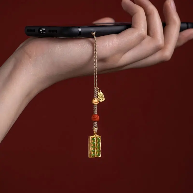 

Pure silver ancient gold inlaid with Hotan Jade abacus pendant, fortune rolling mobile phone chain, female Fu character pendant