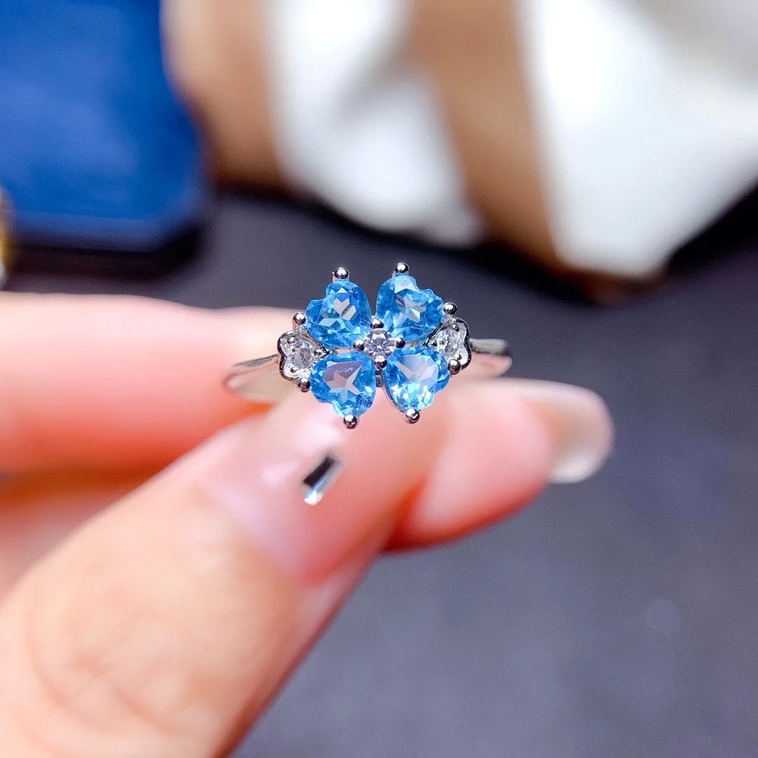 

Women's Jewelry S925 Silver Ring Four Leaf Grass Swiss Blue Topaz Colored Treasure Open Ring Female Fine Jewelry Gifts